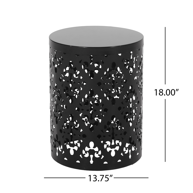 Benjara Kemo Outdoor End Table- Round 14 Inch- Cutout Design- Black Iron Frame