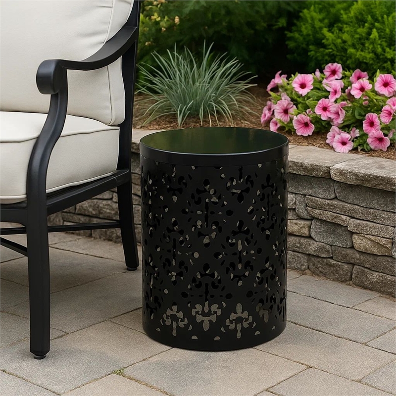 Benjara Kemo Outdoor End Table- Round 14 Inch- Cutout Design- Black Iron Frame