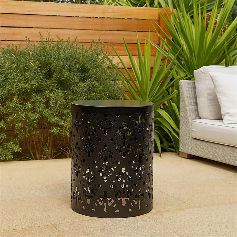 Benjara Kemo Outdoor End Table- Round 14 Inch- Cutout Design- Black Iron Frame