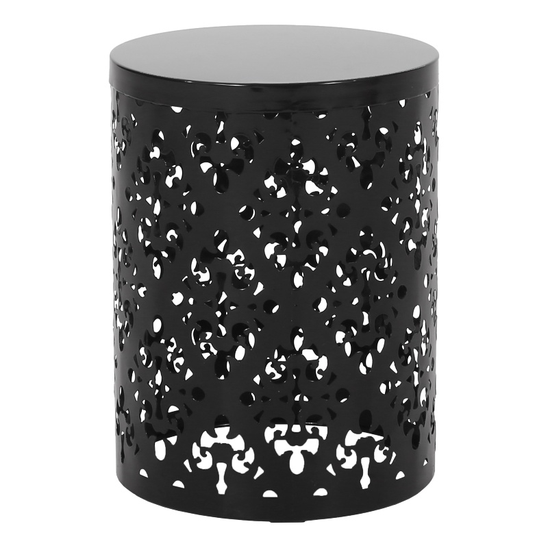 Benjara Kemo Outdoor End Table- Round 14 Inch- Cutout Design- Black Iron Frame