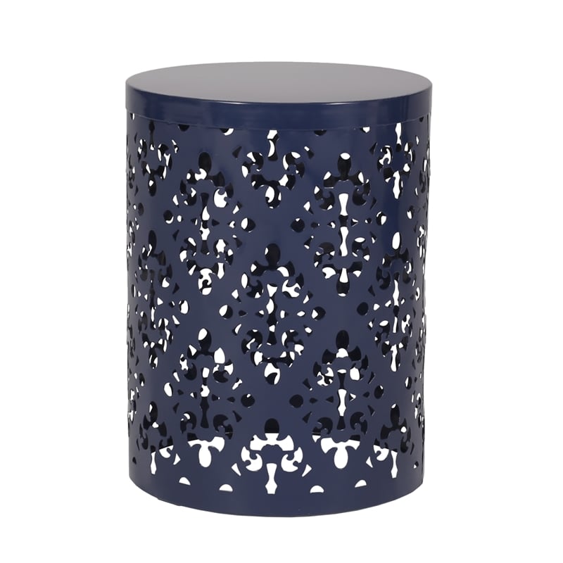 Benjara Kemo Outdoor End Table Set of 2- Round Top- Cutout Design- Navy Blue