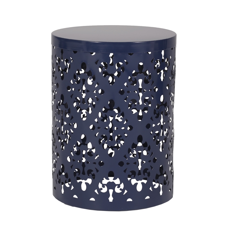 Benjara Kemo Outdoor End Table Set of 2- Round Top- Cutout Design- Navy Blue