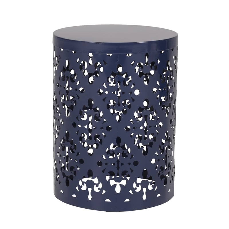 Benjara Kemo Outdoor End Table Set of 2- Round Top- Cutout Design- Navy Blue