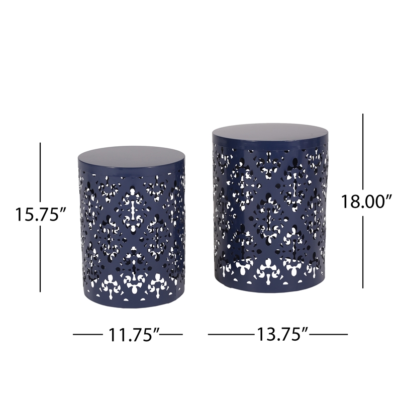 Benjara Kemo Outdoor End Table Set of 2- Round Top- Cutout Design- Navy Blue