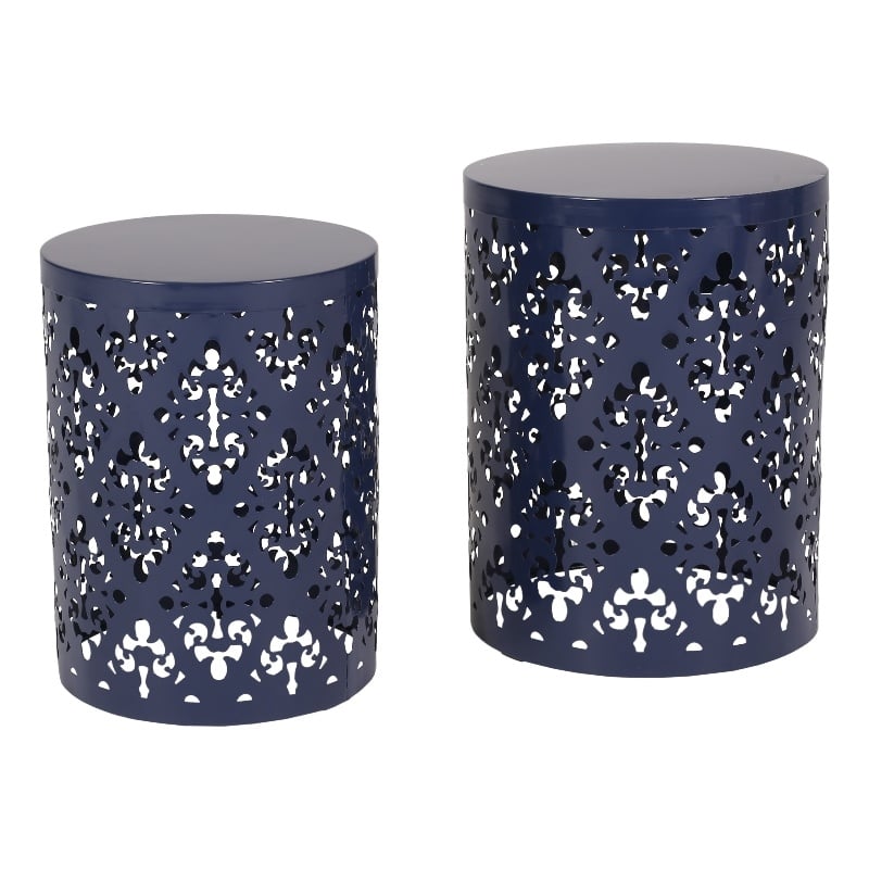 Benjara Kemo Outdoor End Table Set of 2- Round Top- Cutout Design- Navy Blue