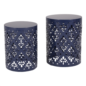 Benjara Kemo Outdoor End Table Set of 2- Round Top- Cutout Design- Navy Blue