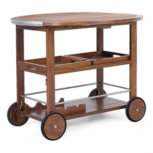 Benjara Rolling Bar Cart- 36&quot Rectangular- 3 Tier- Oak Brown Wood- Silver