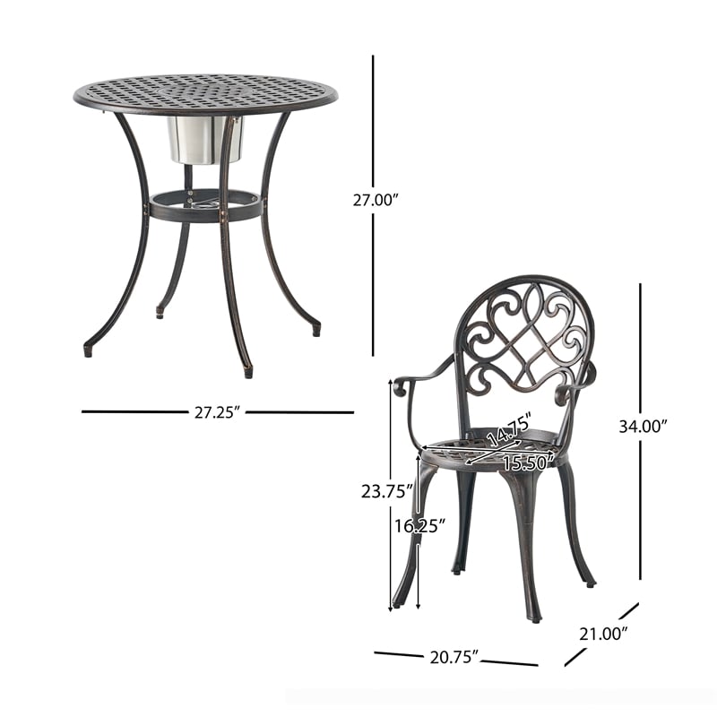 Benjara Outdoor Bistro Table Set with 2 Chairs and an Ice Bucket- Coppertone