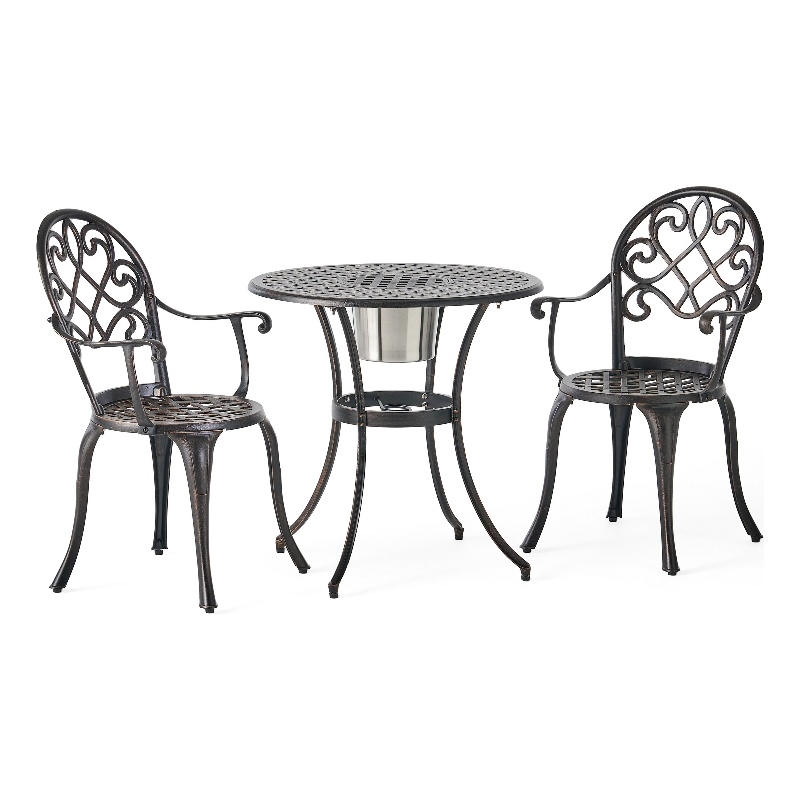 Benjara Outdoor Bistro Table Set with 2 Chairs and an Ice Bucket- Coppertone