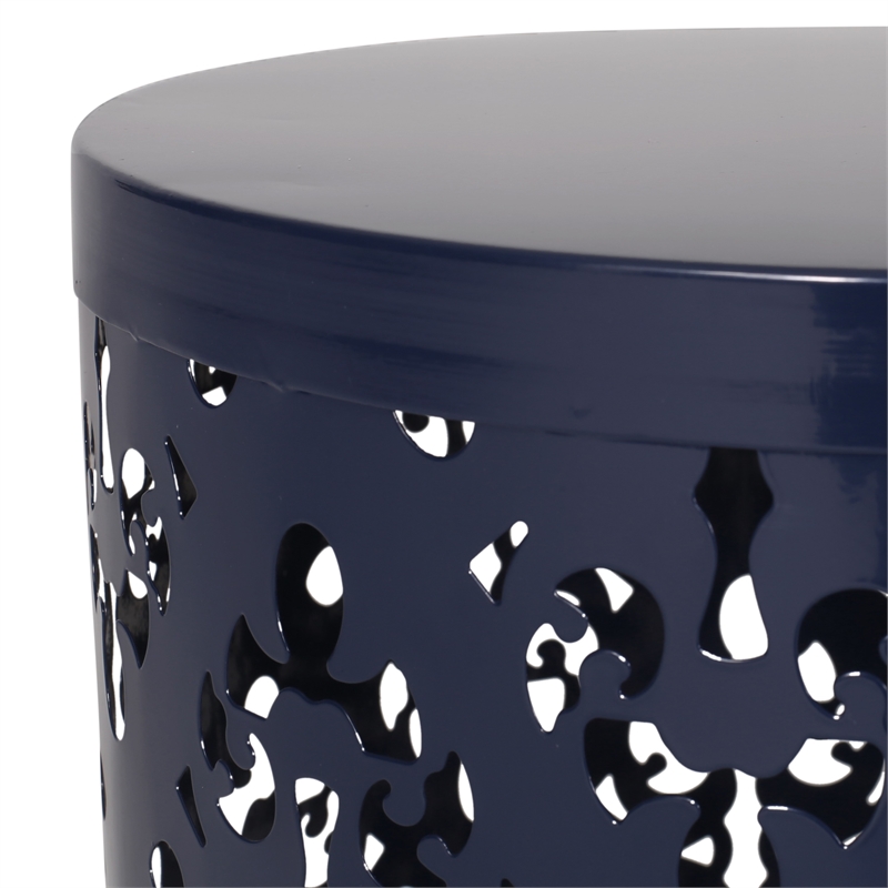 Benjara Kemo Outdoor End Table- Round 14 Inch- Cutout Design- Navy Blue