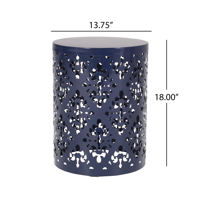 Benjara Kemo Outdoor End Table- Round 14 Inch- Cutout Design- Navy Blue