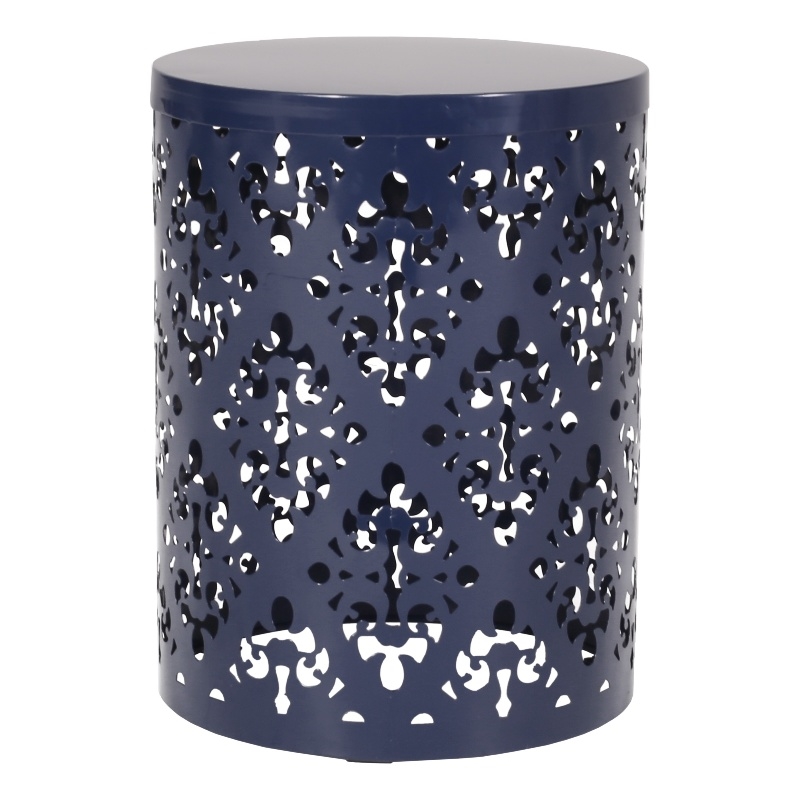 Benjara Kemo Outdoor End Table- Round 14 Inch- Cutout Design- Navy Blue