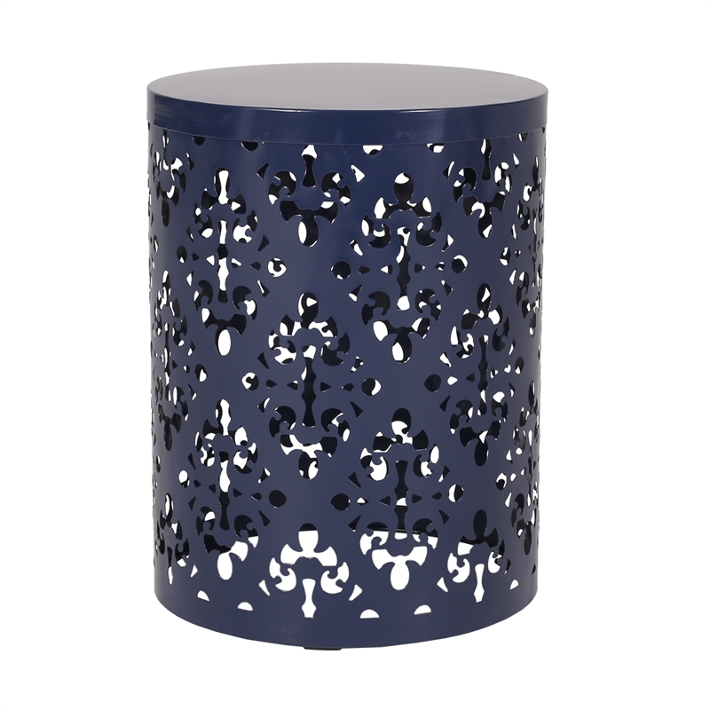 Benjara Kemo Outdoor End Table- Round 14 Inch- Cutout Design- Navy Blue
