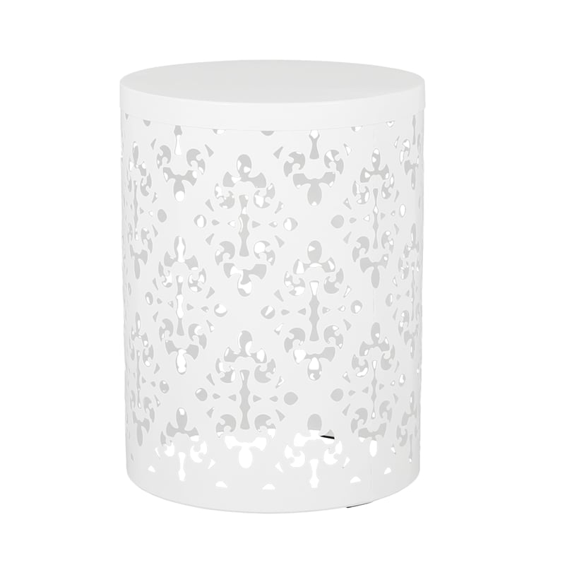 Benjara Kemo Outdoor End Table Set of 2- Round Top- Cutout Design- White Iron