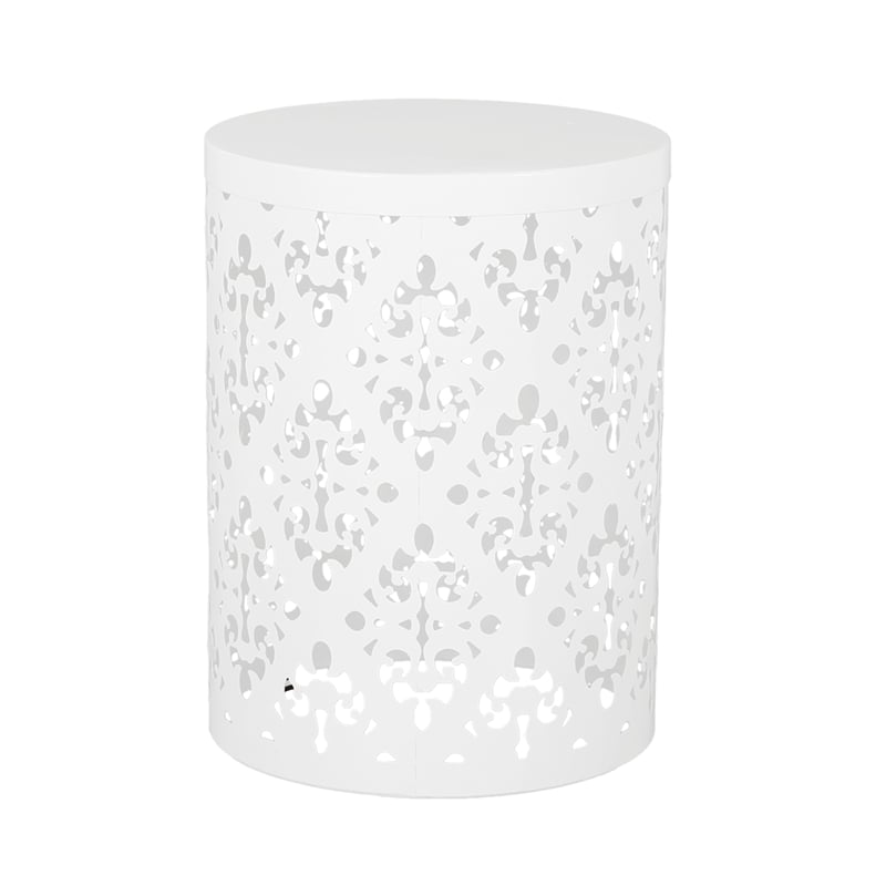 Benjara Kemo Outdoor End Table Set of 2- Round Top- Cutout Design- White Iron
