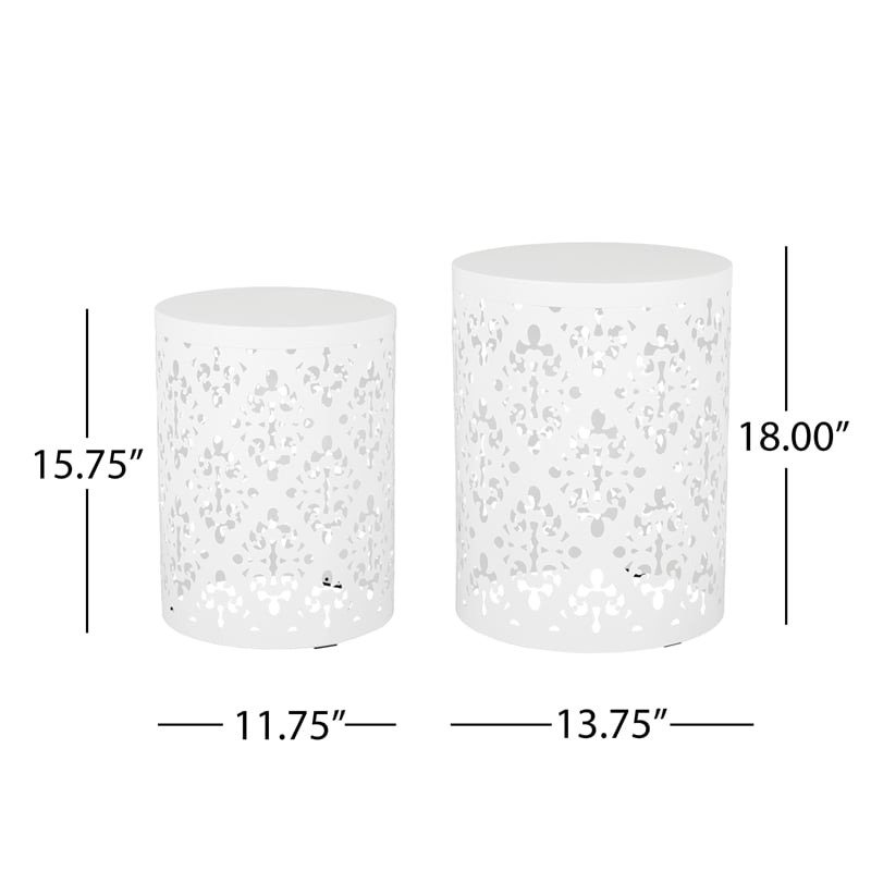 Benjara Kemo Outdoor End Table Set of 2- Round Top- Cutout Design- White Iron