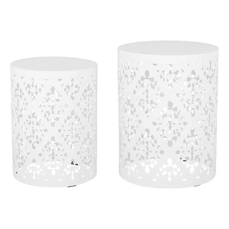 Benjara Kemo Outdoor End Table Set of 2- Round Top- Cutout Design- White Iron