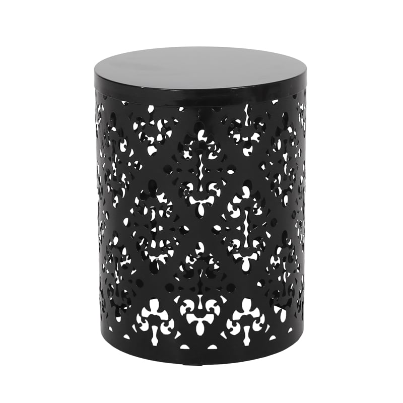 Benjara Kemo Outdoor End Table Set of 2- Round Top- Cutout Design- Black Iron