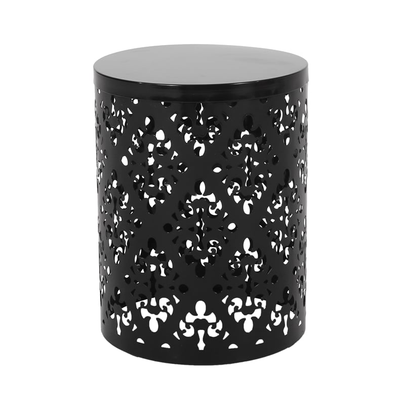 Benjara Kemo Outdoor End Table Set of 2- Round Top- Cutout Design- Black Iron