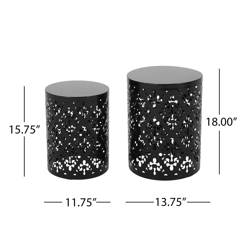 Benjara Kemo Outdoor End Table Set of 2- Round Top- Cutout Design- Black Iron