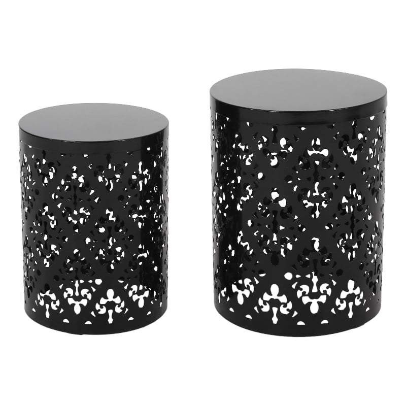 Benjara Kemo Outdoor End Table Set of 2- Round Top- Cutout Design- Black Iron