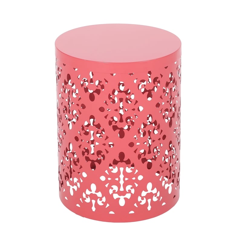 Benjara Kemo Outdoor End Table- Round 14 Inch- Cutout Design- Dark Peach Iron