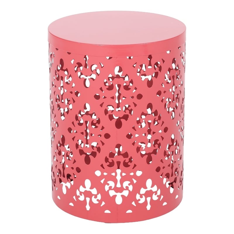 Benjara Kemo Outdoor End Table- Round 14 Inch- Cutout Design- Dark Peach Iron