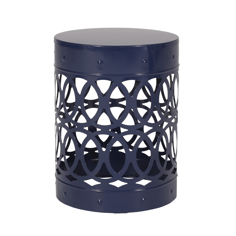 Benjara Kemo Outdoor End Table- Round 14 Inch- Cutout Design- Navy Blue Iron