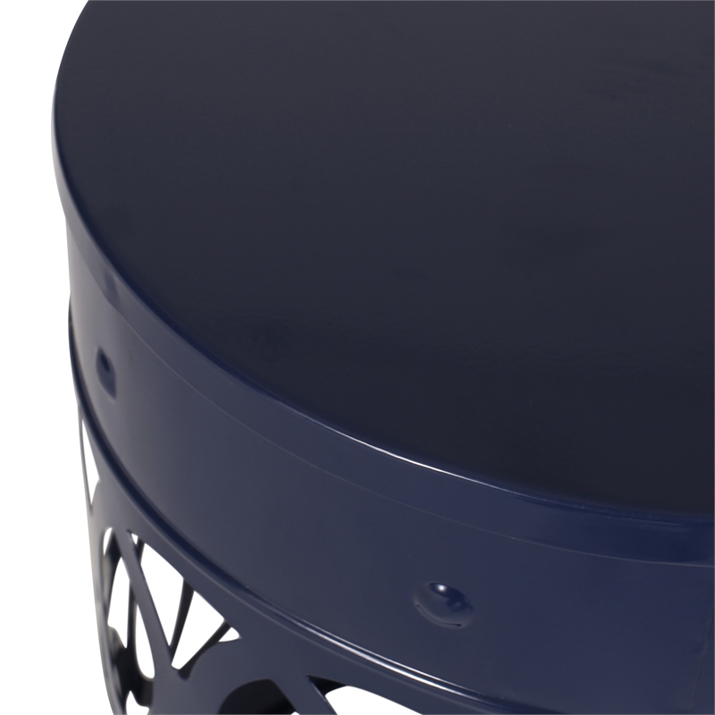 Benjara Kemo Outdoor End Table- Round 14 Inch- Cutout Design- Navy Blue Iron