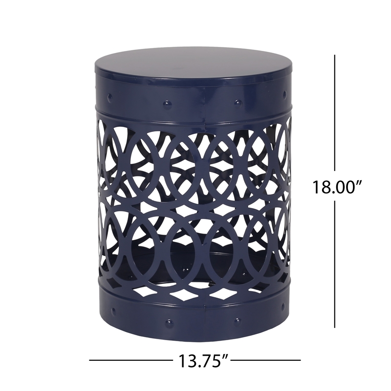 Benjara Kemo Outdoor End Table- Round 14 Inch- Cutout Design- Navy Blue Iron