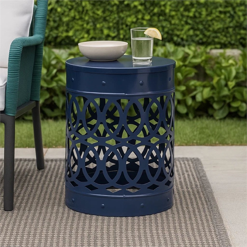 Benjara Kemo Outdoor End Table- Round 14 Inch- Cutout Design- Navy Blue Iron