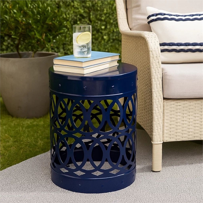 Benjara Kemo Outdoor End Table- Round 14 Inch- Cutout Design- Navy Blue Iron