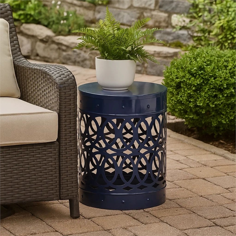 Benjara Kemo Outdoor End Table- Round 14 Inch- Cutout Design- Navy Blue Iron