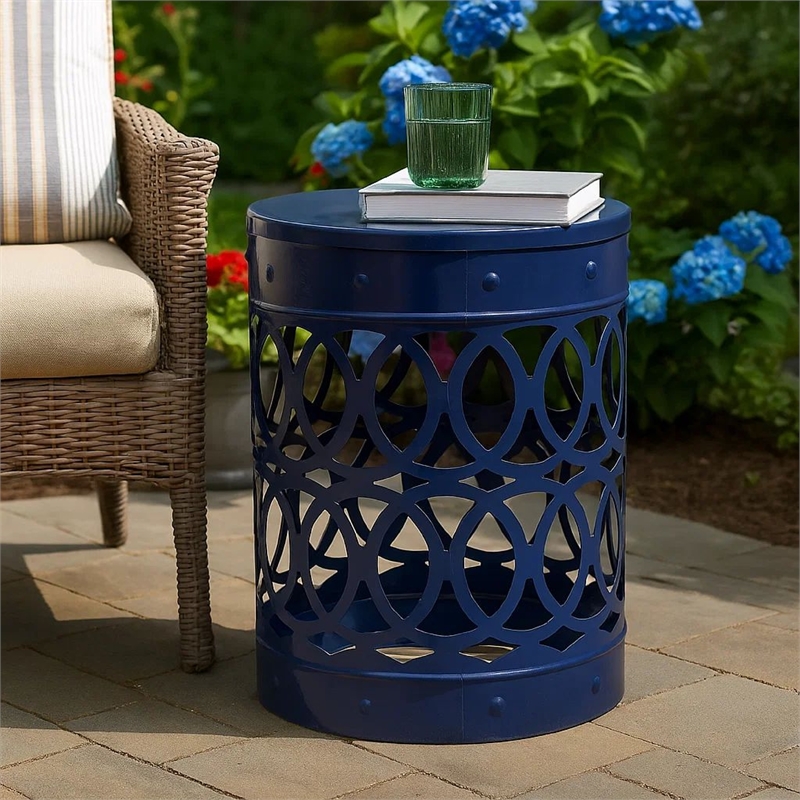 Benjara Kemo Outdoor End Table- Round 14 Inch- Cutout Design- Navy Blue Iron