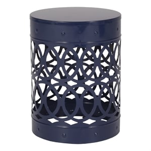 Benjara Kemo Outdoor End Table- Round 14 Inch- Cutout Design- Navy Blue Iron