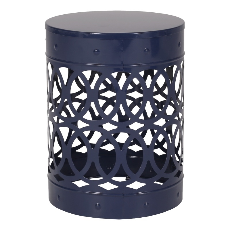 Benjara Kemo Outdoor End Table- Round 14 Inch- Cutout Design- Navy Blue Iron
