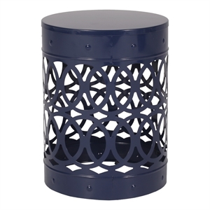 Benjara Kemo Outdoor End Table- Round 14 Inch- Cutout Design- Navy Blue Iron
