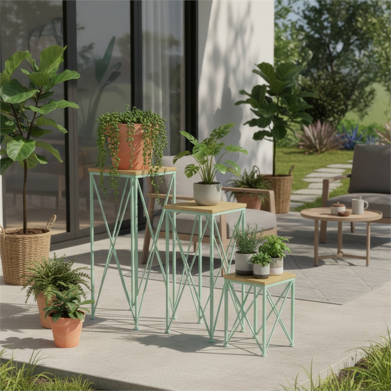 Benjara Mito 3pc Nesting Plant Stand Table- Brown Wood- X Cross Green Metal