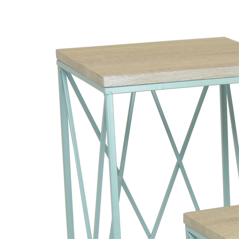 Benjara Mito 3pc Nesting Plant Stand Table- Brown Wood Top- X Cross Blue Metal