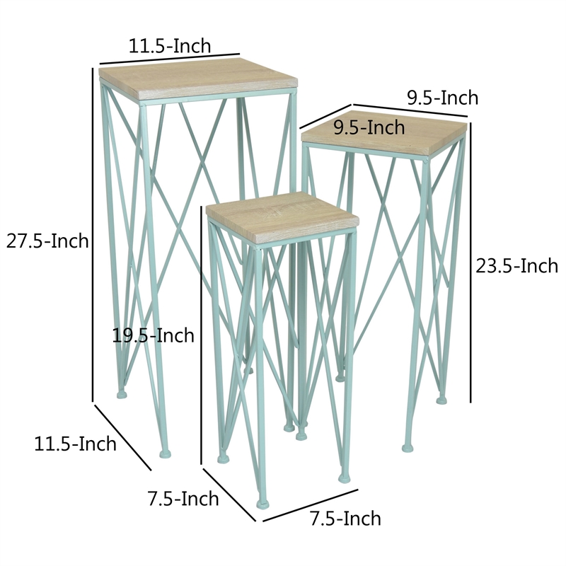 Benjara Mito 3pc Nesting Plant Stand Table- Brown Wood Top- X Cross Blue Metal