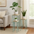 Benjara Mito 3pc Nesting Plant Stand Table- Brown Wood Top- X Cross Blue Metal