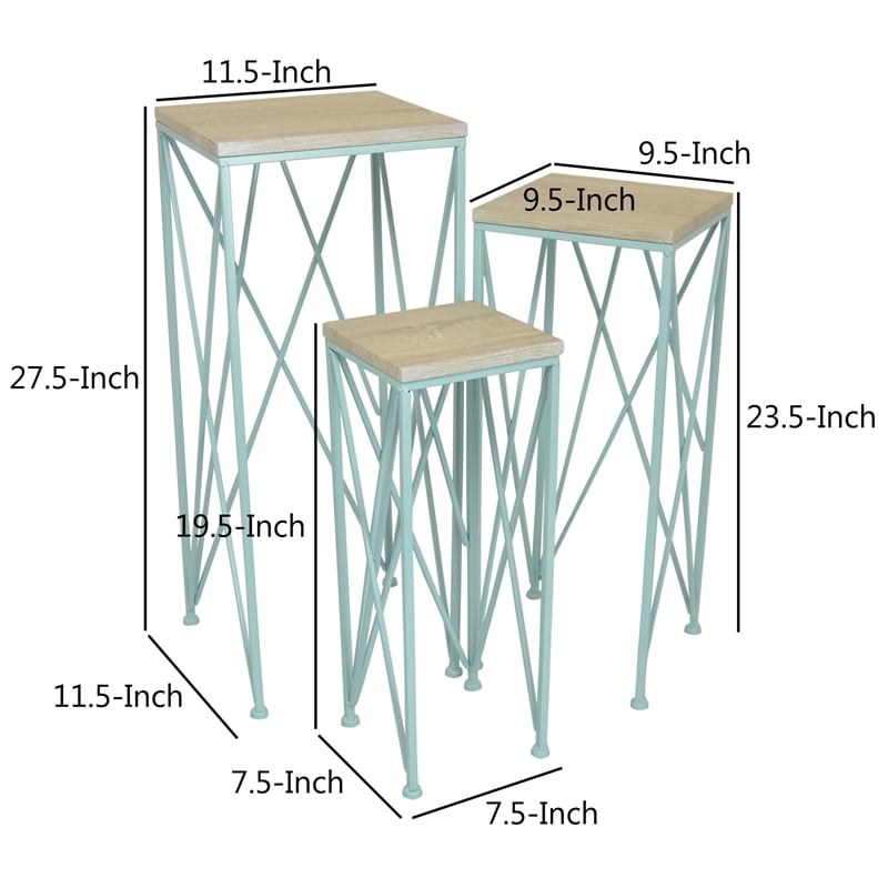 Benjara Mito 3pc Nesting Plant Stand Table- Brown Wood Top- X Cross Blue Metal