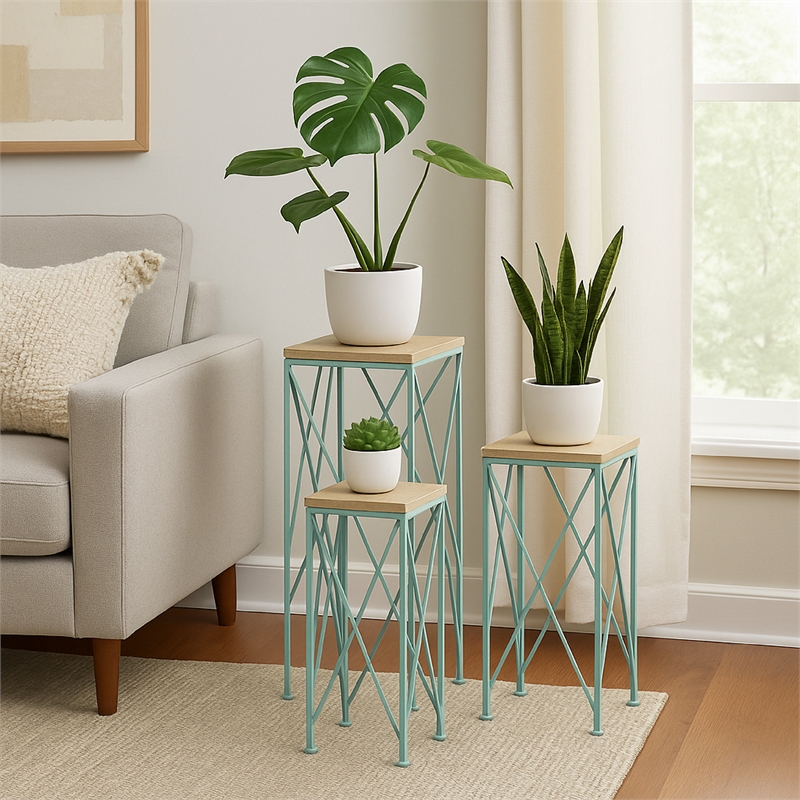 Benjara Mito 3pc Nesting Plant Stand Table- Brown Wood Top- X Cross Blue Metal