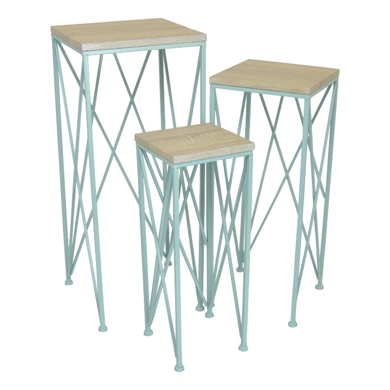 Benjara Mito 3pc Nesting Plant Stand Table- Brown Wood Top- X Cross Blue Metal