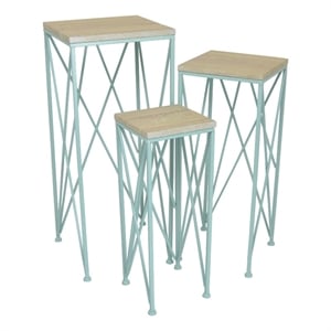 Benjara Mito 3pc Nesting Plant Stand Table- Brown Wood Top- X Cross Blue Metal