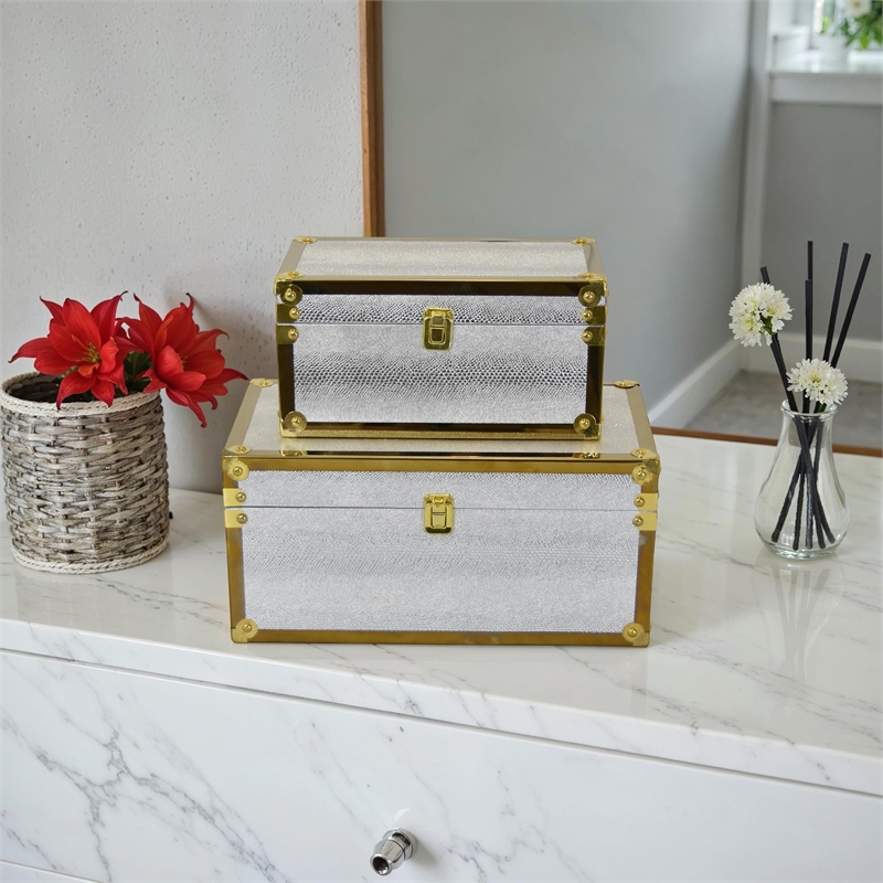 Benjara Jito Decorative Jewelry Box Set of 2- Abstract Pattern- Silver Gold