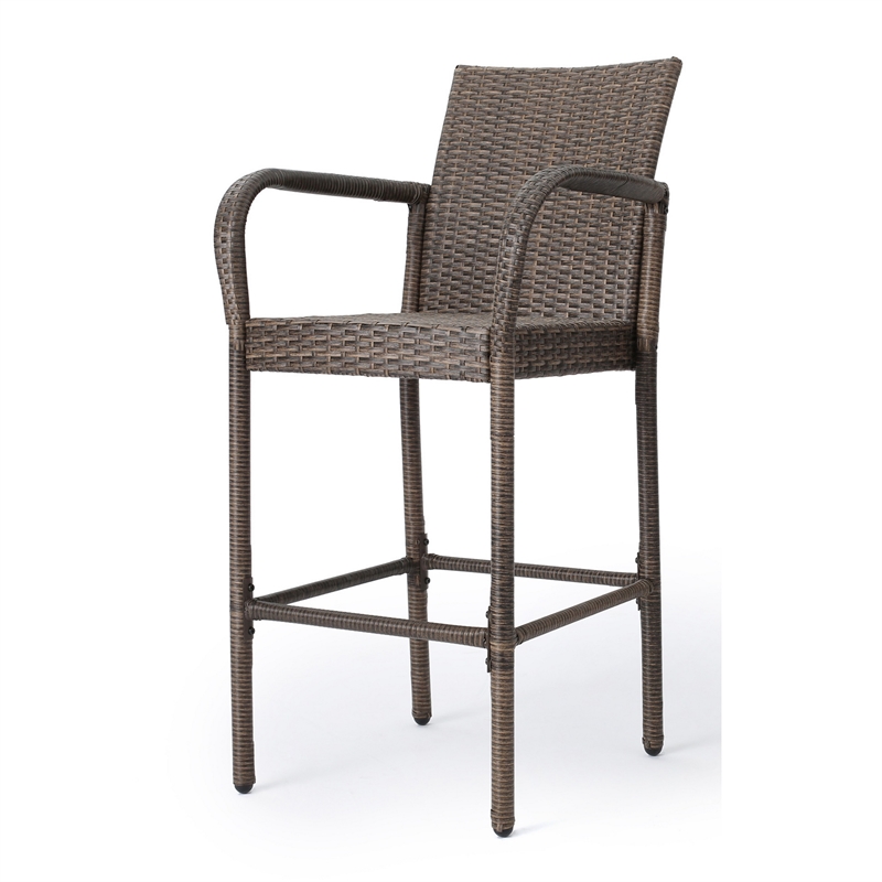 Benjara Drip Outdoor Barstool Chair Set of 2- Brown PE Rattan Woven and Iron