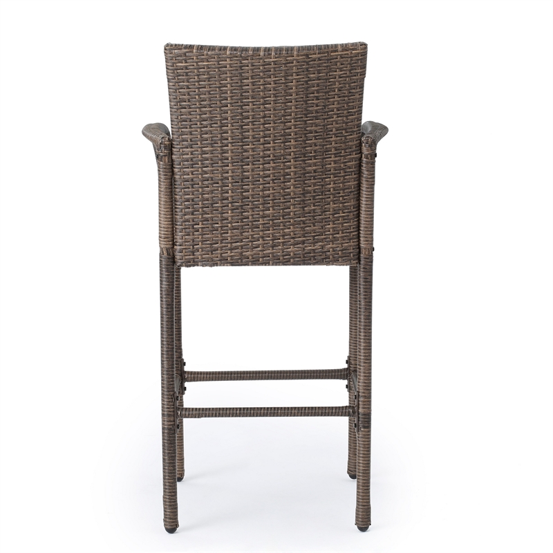 Benjara Drip Outdoor Barstool Chair Set of 2- Brown PE Rattan Woven and Iron