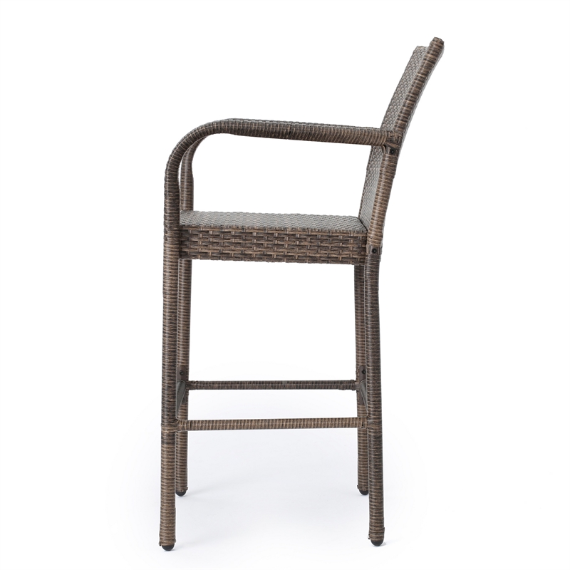 Benjara Drip Outdoor Barstool Chair Set of 2- Brown PE Rattan Woven and Iron