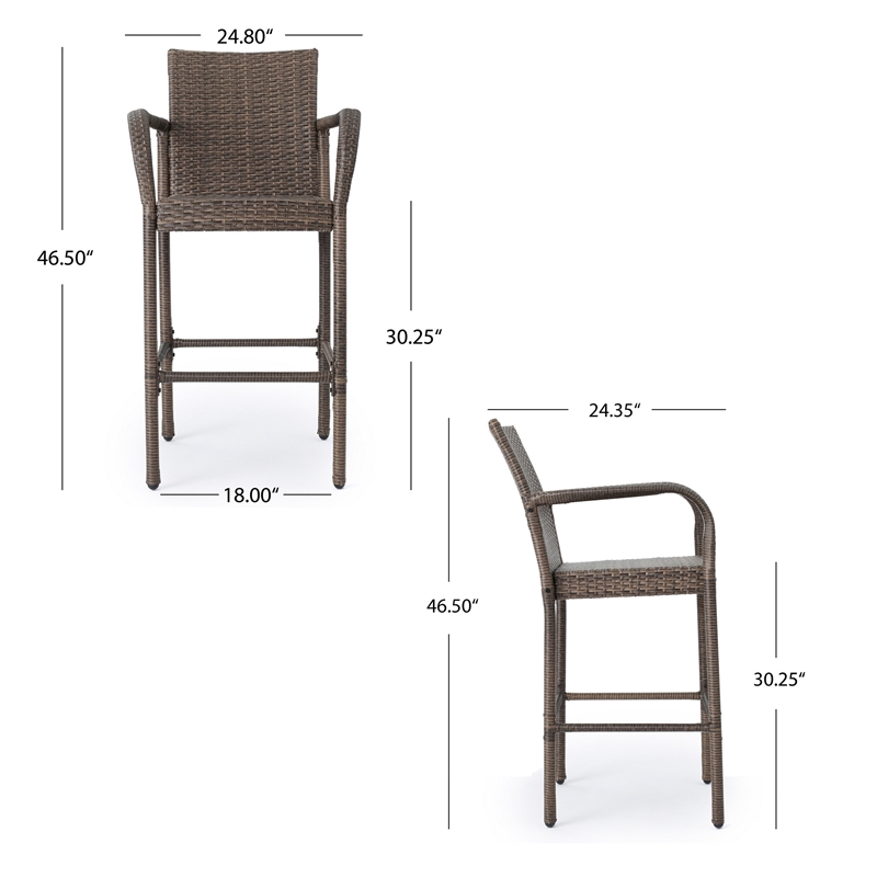Benjara Drip Outdoor Barstool Chair Set of 2- Brown PE Rattan Woven and Iron